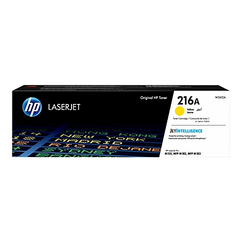 Une cartouche de toner noire et jaune, de la marque HP, avec le texte 216A utilise de l'encre jaune. Avec un fond bleu.