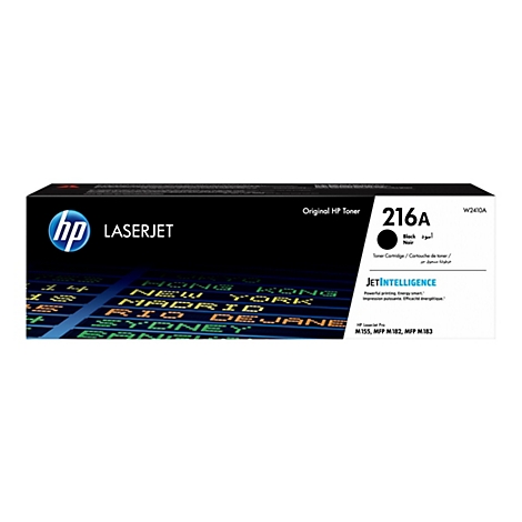Cartouche de toner HP 216A noire, emballÃ©e dans une boÃ®te avec le logo HP et du texte.