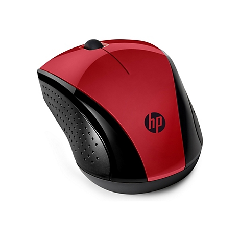 Drahtlose HP Computermaus in glänzendem Rot und mattem Schwarz mit HP Logo auf weißem Hintergrund.