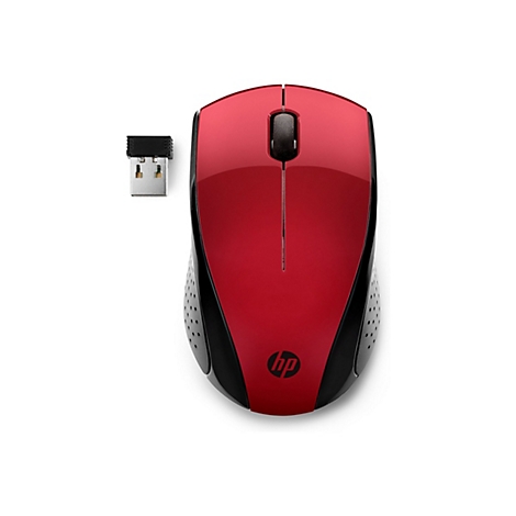 Rote, kabellose HP-Maus mit schwarzem Mausrad und USB-Empfänger auf weißem Hintergrund.