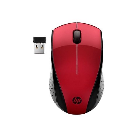 Rote HP Funkmaus mit schwarzem Mausrad und kleinem USB-Empfänger auf weißem Hintergrund.