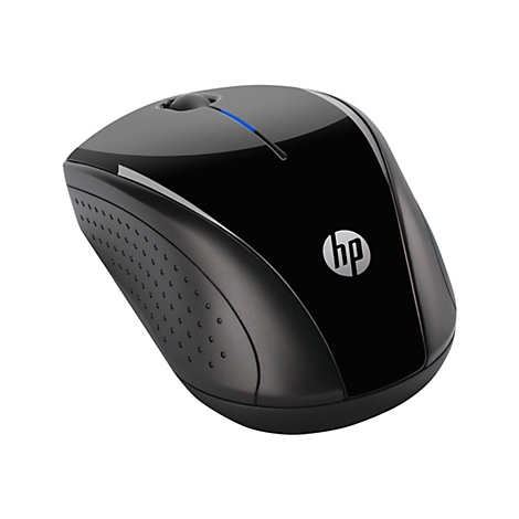 Schwarze kabellose HP-Maus mit glänzender Oberfläche, blauem Lichtstreifen und silbernem HP-Logo auf weißem Grund.