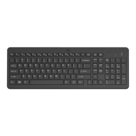 Schwarze kabellose HP-Tastatur in Draufsicht mit QWERTZ-Layout auf weißem Hintergrund.