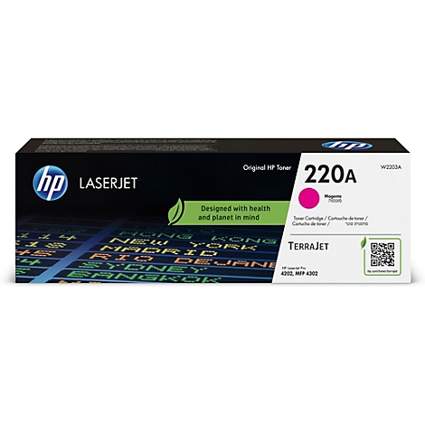 A box of HP 220A magenta toner, with "LaserJet" and "Terrajet" written on it, and the HP logo.