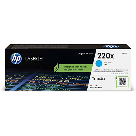 Eine Druckerpatrone in einer Verpackung. Auf der Verpackung stehen "HP LaserJet 220x" und der Text "Designed with health and planet in mind".