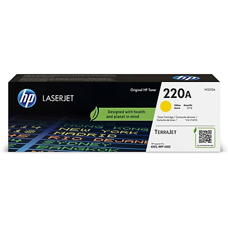 Gelbe HP 220A Terrajjet Tonerpatrone. Aufschrift: "LASERJET", "Original HP Toner", "Designed with health and planet in mind".