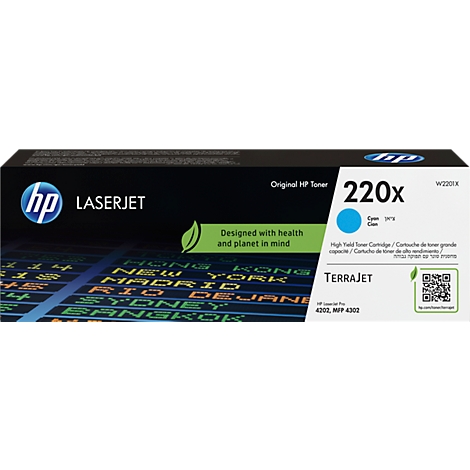 Une cartouche de toner HP LaserJet, avec le texte : "Original HP Toner", "220x" et "Terrajet".