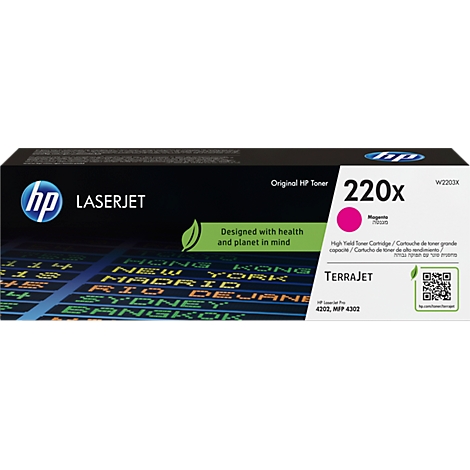 Une cartouche de toner HP LaserJet noire avec un accent rose. Inscriptions : 'Original HP Toner', '220x Magenta', 'Terrajet'.