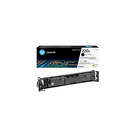 Eine schwarze HP LaserJet 220x Tonerpatrone und deren Verpackung, vor weissem Hintergrund.