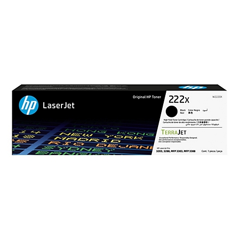 Ein HP Laserjet 222X Toner-Kartusche, schwarz, mit Texten wie "Original HP Toner" und "TERRAJET".