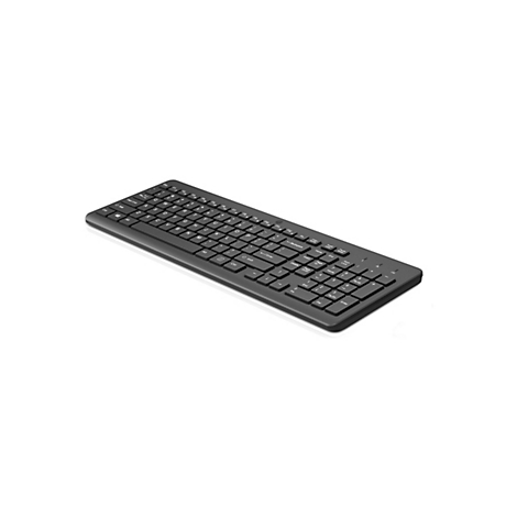 Schwarze kabellose HP-Tastatur in Perspektive auf weißem Hintergrund.