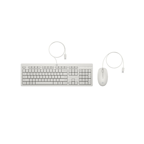 Weißes, kabelgebundenes HP Tastatur- und Maus-Set vor weißem Hintergrund.