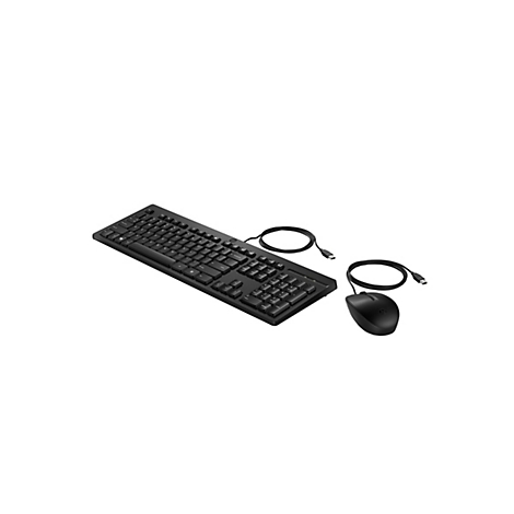 Schwarzes kabelgebundenes HP Tastatur- und Maus-Set vor weißem Hintergrund.