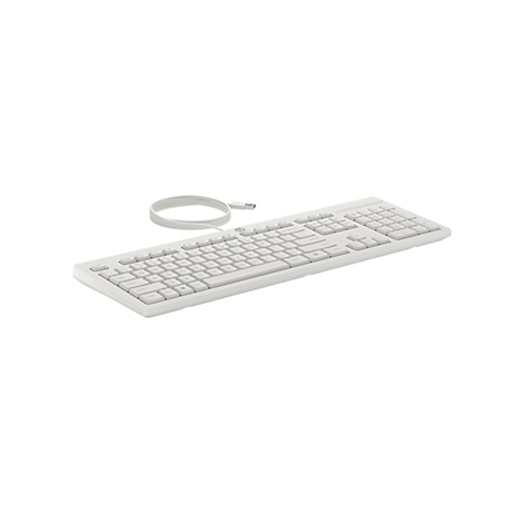 Weiße HP-Tastatur mit USB-Kabel vor weißem Hintergrund.