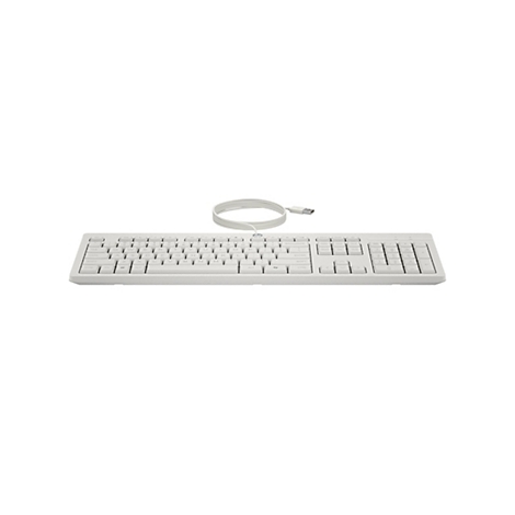 Weiße HP-Tastatur mit Kabel vor weißem Hintergrund.