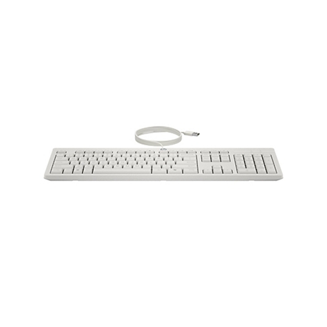 Weiße, kabelgebundene HP-Tastatur vor neutralem Hintergrund.