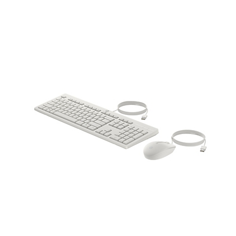 Weißes, kabelgebundenes HP Tastatur- und Maus-Set vor weißem Hintergrund.