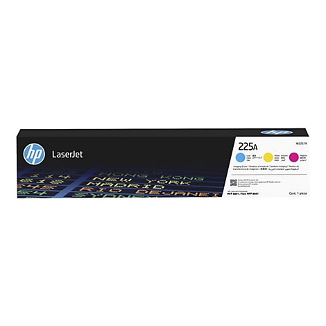Eine HP LaserJet Tonerpatrone mit dem Label 225A. Sie ist in einer schwarzen Verpackung mit dem HP-Logo und Farbmarkierungen für Cyan, Gelb und Magenta dargestellt.