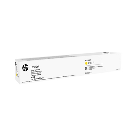 Gelbe HP LaserJet Tonerkartusche, W2252AC, in einer weißen Verpackung. Aufdruck: "LaserJet Toner Cartridge".
