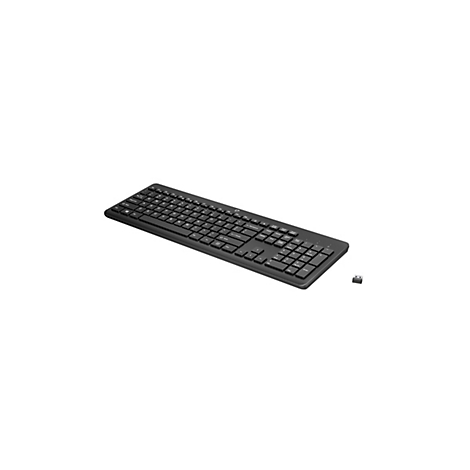 Schwarze, kabellose HP-Tastatur in Perspektive mit kleinem USB-Empfänger auf weißem Hintergrund.