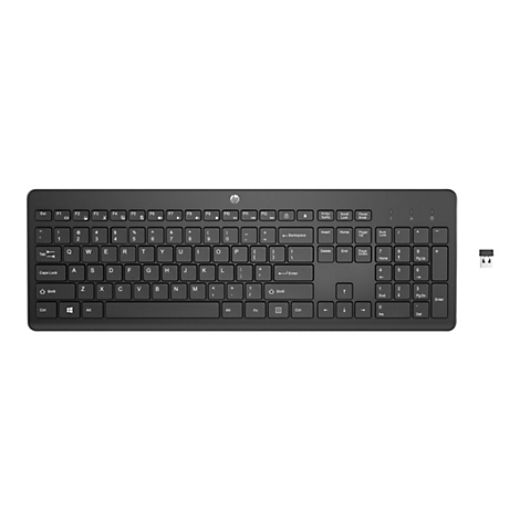 Schwarze HP-Tastatur mit USB-Anschluss. Die Tasten sind mit weißen Buchstaben und Symbolen beschriftet.