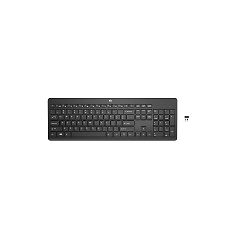 Draufsicht auf eine schwarze HP-Tastatur mit weißen Tasten und einem USB-Empfänger. Die Tastatur ist auf einem weißen Hintergrund zentriert.