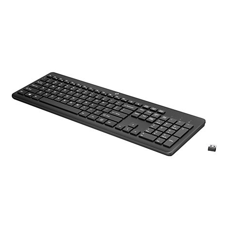 Schwarze Tastatur mit Tastenbeschriftung. Ein kleiner USB-Empfänger liegt daneben.