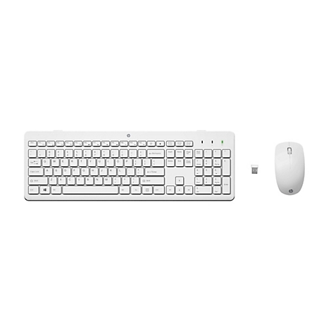 Kabelloses, weißes HP Tastatur- und Maus-Set mit kleinem USB-Empfänger auf weißem Hintergrund.