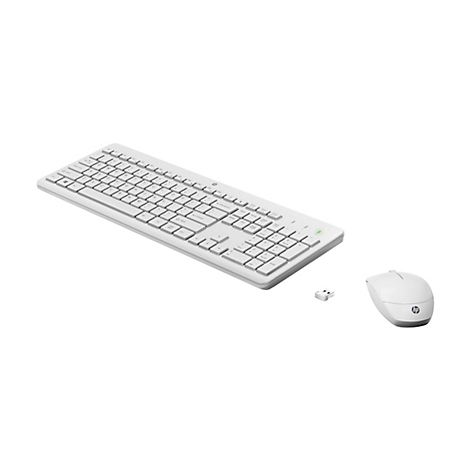Weißes HP Wireless-Tastatur- und Maus-Set mit USB-Empfänger auf weißem Hintergrund.
