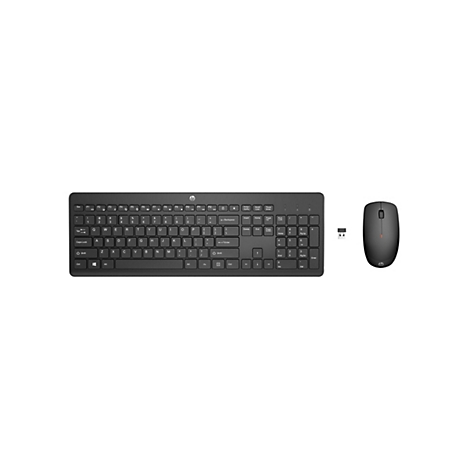 Schwarzes HP-Tastatur-Maus-Set. Die Tastatur hat flache Tasten und eine Reihe von Funktionstasten. Die Maus ist ergonomisch geformt.