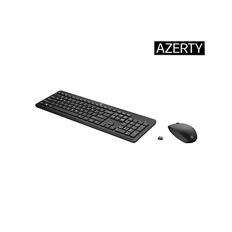 Schwarzes kabelloses HP Tastatur- und Maus-Set mit AZERTY-Layout auf weißem Hintergrund.