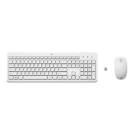 Kabelloses HP Tastatur- und Maus-Set in Weiß mit USB-Empfänger auf weißem Hintergrund.