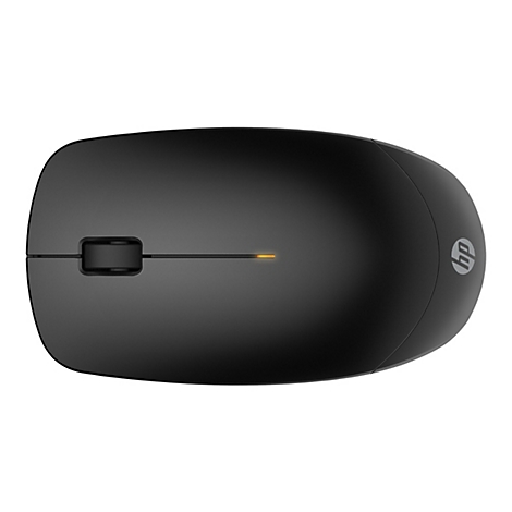 Draufsicht auf eine schwarze Computermaus mit HP-Logo. Die Maus hat ein schmales, orangefarbenes Licht in der Mitte.