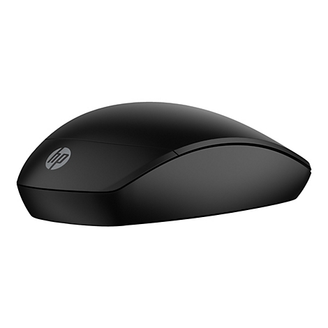 Schwarze Computermaus mit HP-Logo auf weißem Hintergrund.