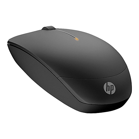 Schwarze HP-Computermaus, leicht von oben gesehen. Auf der Maus ist das HP-Logo zu sehen.