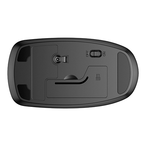 Draufsicht auf die Unterseite einer schwarzen Computermaus. Deutlich sichtbar sind ein Ein-/Ausschalter und ein Batteriefach.