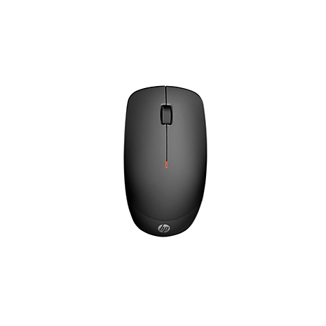 Schwarze kabellose HP-Computermaus in Draufsicht mit mittigem Scrollrad und kleinem, rot leuchtendem LED-Indikator.