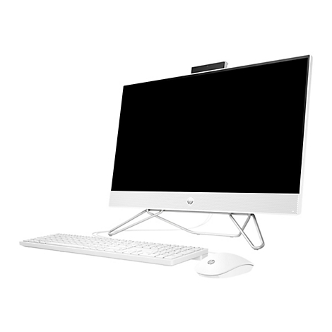 Weißer All-in-One-PC, Tastatur und Maus auf weißem Hintergrund.