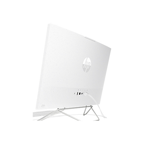 Weißer HP All-in-One-Computer. Rückansicht, leichte Schräglage. HP Logo oben mittig.