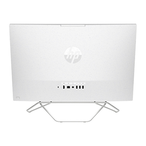 Ein weißer All-in-One-PC mit HP-Logo, der von hinten gezeigt wird. Sichtbar sind Anschlüsse und der Standfuß.