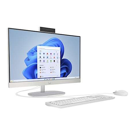 Weißer All-in-One-Computer mit angeschlossener Tastatur und Maus. Auf dem Bildschirm ist Windows 11 zu sehen.