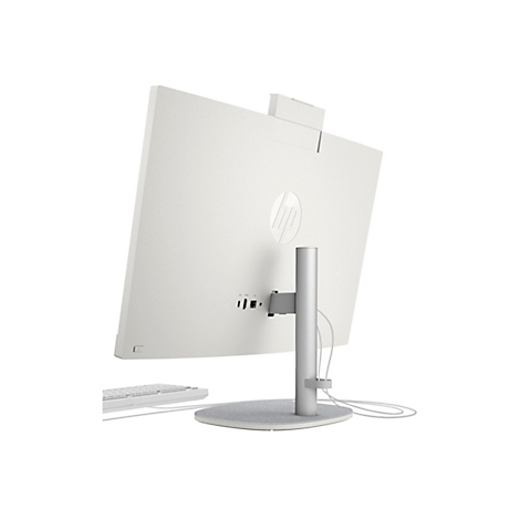 Ein weißer All-in-One-PC von hinten, HP-Logo, Anschlüsse, Tastatur im Hintergrund.