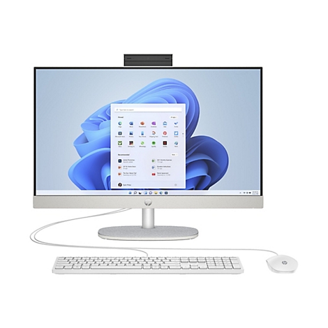 Ein HP All-in-One-PC mit Windows 11-Oberfläche, inklusive Tastatur und Maus.