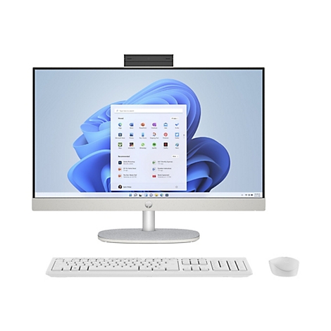HP All-in-One-PC mit Bildschirm, Tastatur und Maus. Der Bildschirm zeigt einen Windows 11-Desktop mit geöffnetem Startmenü.