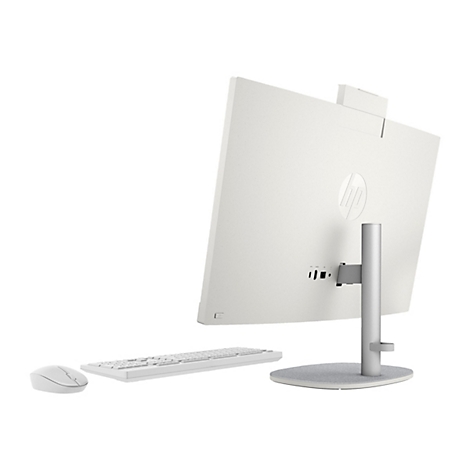 Weißer HP All-in-One-PC, Rückseite, mit Tastatur und Maus. Der PC hat das HP-Logo und Anschlüsse.