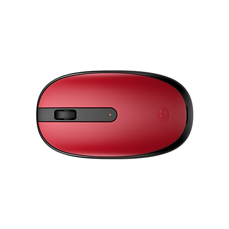 Rote, ovale HP-Funkmaus in Draufsicht mit schwarzem Scrollrad und HP-Logo.