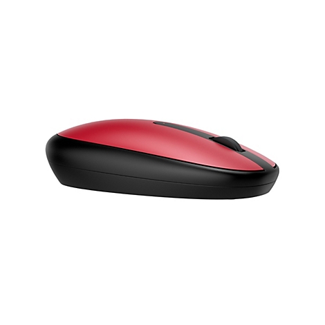 Drahtlose Computermaus in Rot und Schwarz vor weißem Hintergrund.