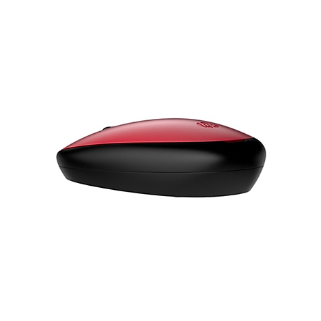 Eine rot-schwarze HP Computermaus in der Seitenansicht vor weißem Hintergrund.