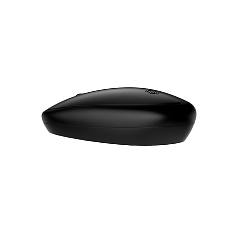 Schwarze kabellose Computermaus in Seitenansicht vor weißem Hintergrund.