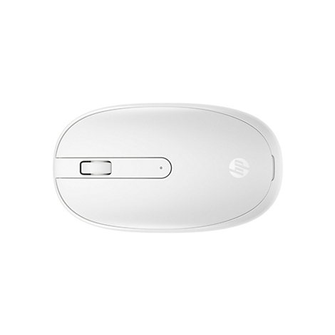 Weiße, kabellose HP-Maus von oben gesehen, mit Scrollrad und HP-Logo vor weißem Hintergrund.